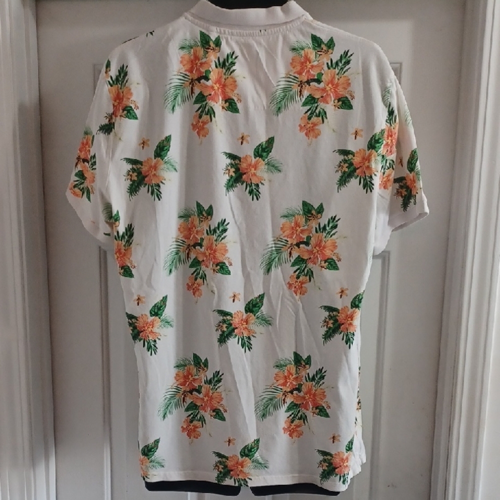 Threadbare Floral Print Polo Shirt - White, Green and Orange - Picture 8 of 8